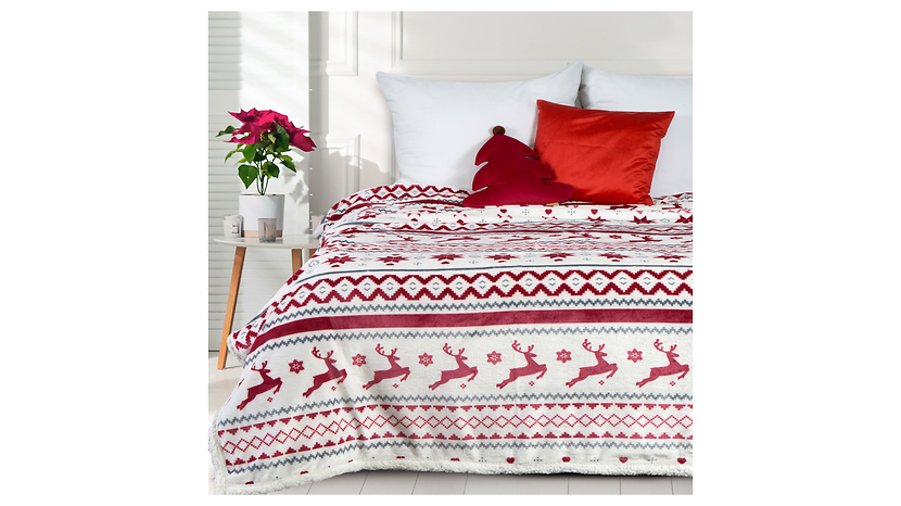 Koc świąteczny Sherpa Rudolph 150x200 cm biało-czerwony