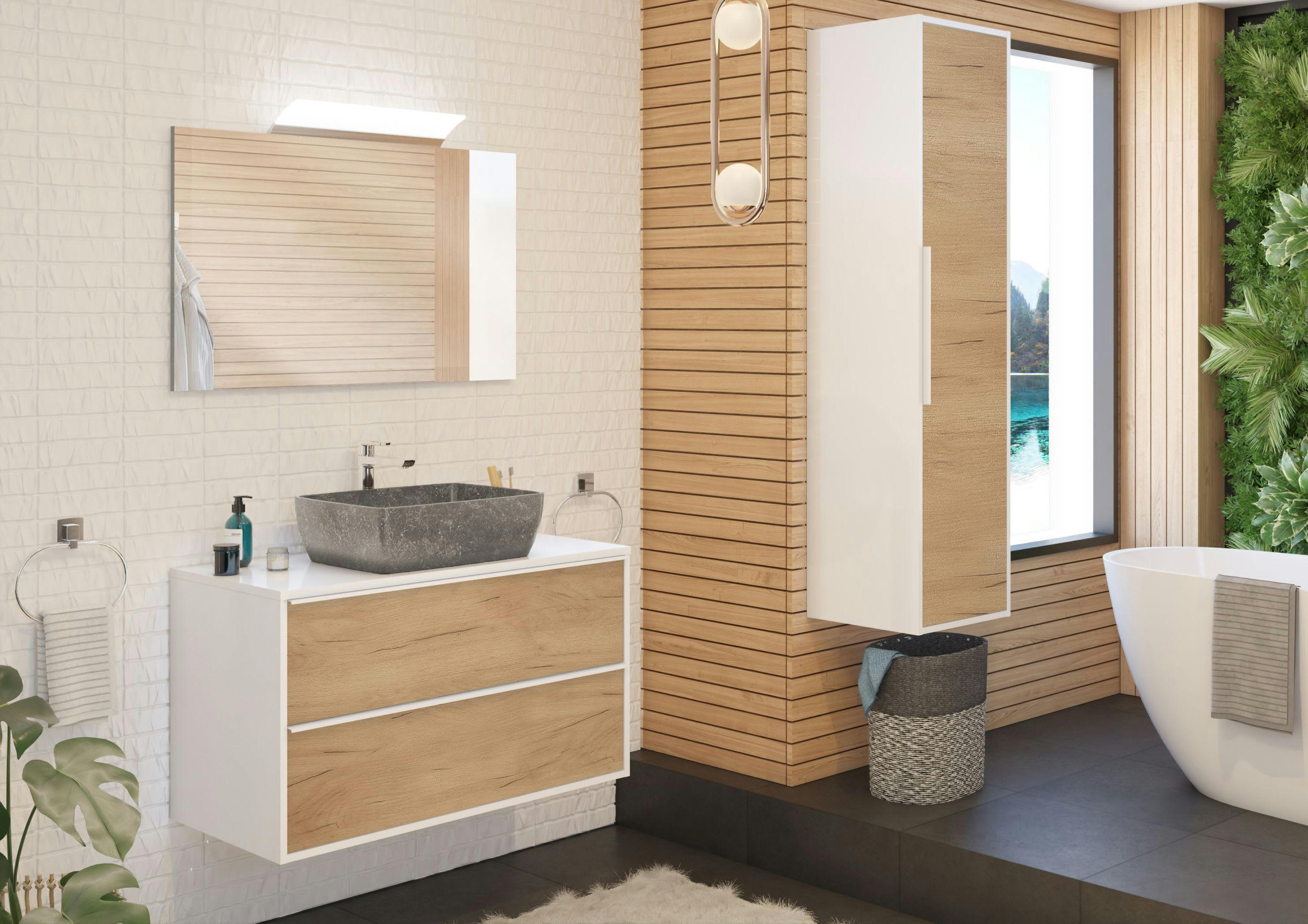 BORDER - Meuble de salle de bain 100cm Chêne  Meuble +  Plan Mélaminé