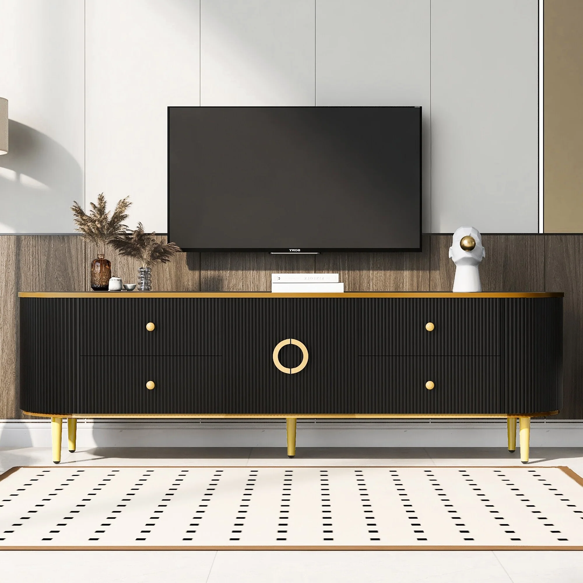 Black 70.9 TV Stand with Metal Legs, Drawers & Cabinet for 80 TVs
