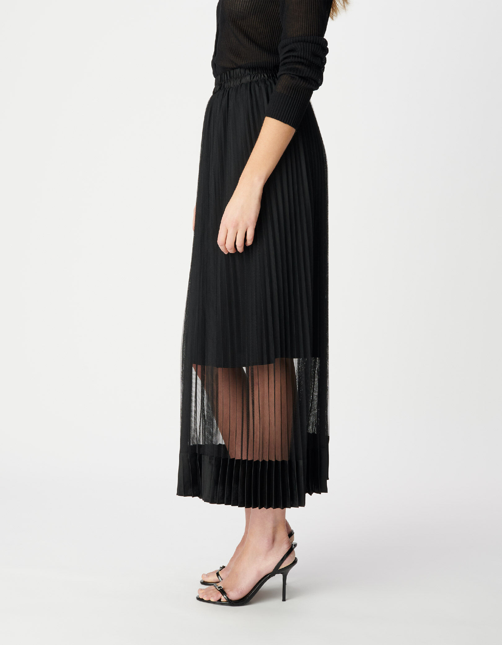 Jupe longue plissée noire tulle bas satiné Femme