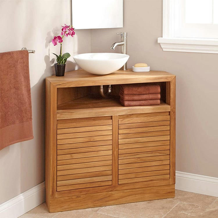 CORNER - Meuble sous vasque à poser d'angle en teck 85 cm