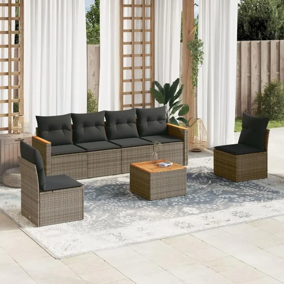 vidaXL Loungeset voor 6 met kussens en salontafel - Grijs - Poly rattan