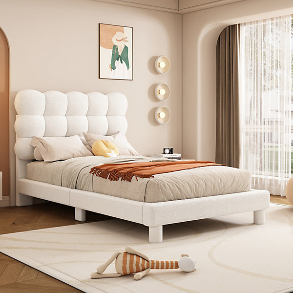 Lit rembourré 90x200 cm avec tête de lit confortable et réglable 3 positions, design moderne et minimaliste,blanc