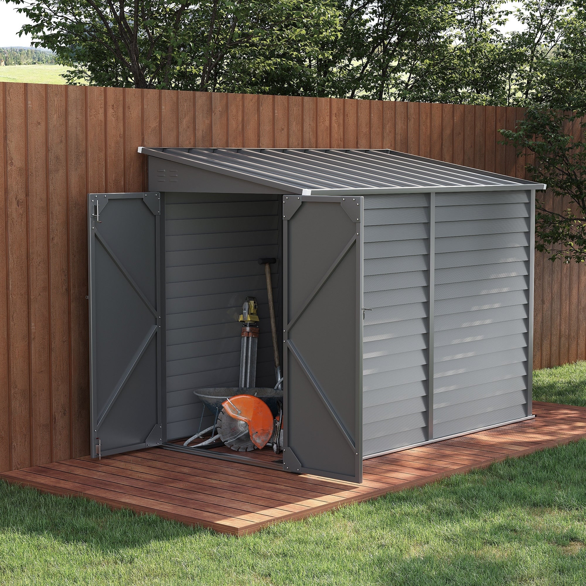 Outsunny 5' x 9' Steel Outdoor Storage Shed, Lean to Shed, Metal Tool House with Floor Foundation, Lockable Doors