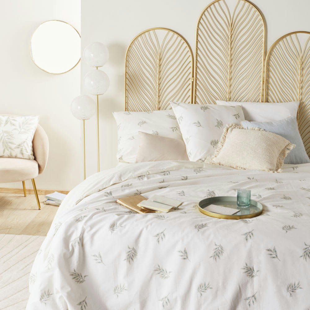 GASSIN - Parure de lit en coton bio motif végétal écru et bleu 240x260