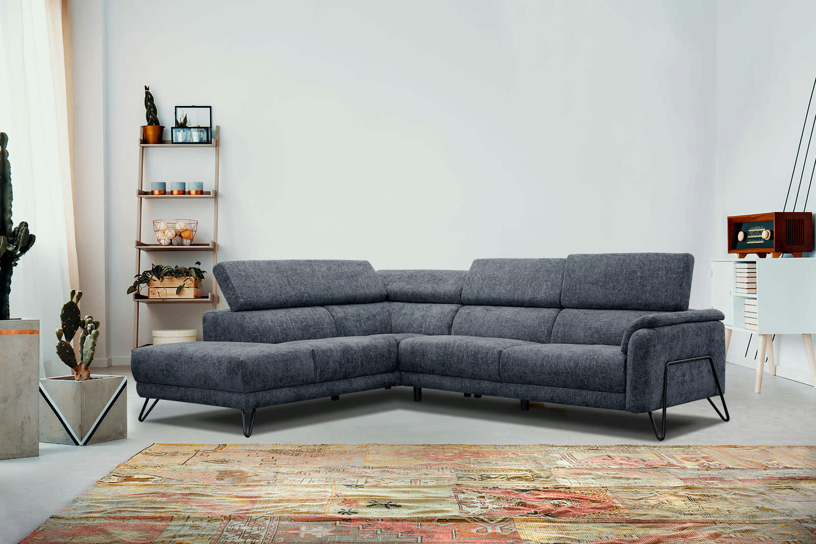 RODEN - Canapé d'angle gauche 5 places tissu bleu marine