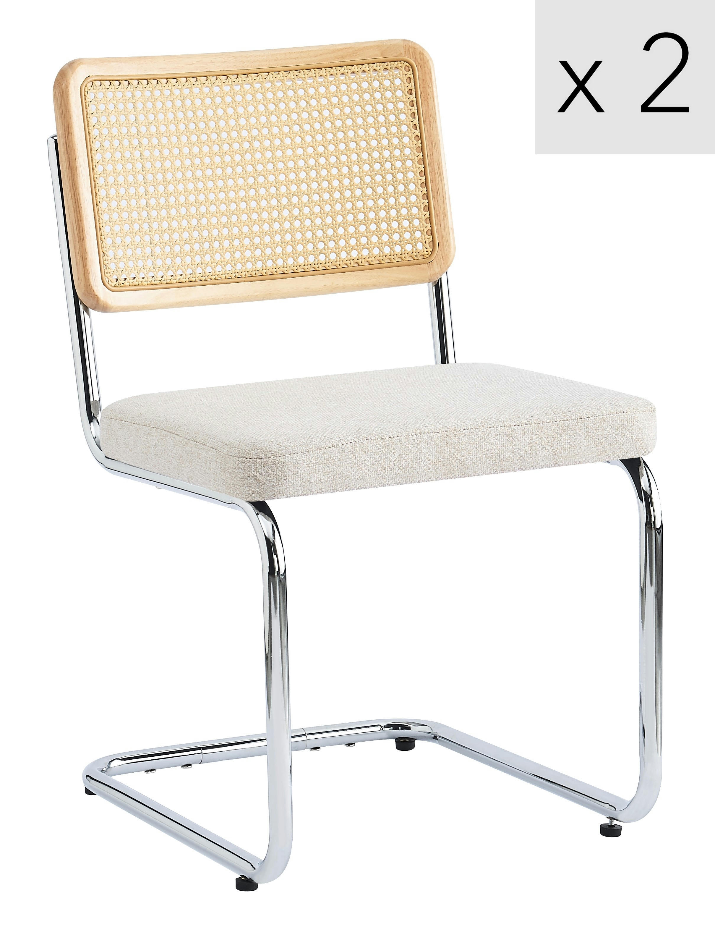 - Lot de 2 chaises en métal et cannage avec assise en tissu beige