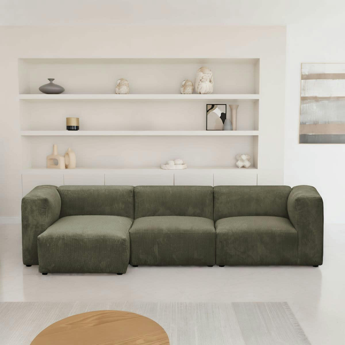 MODULO - Canapé modulable angle gauche 4 places en velours côtelé vert kaki