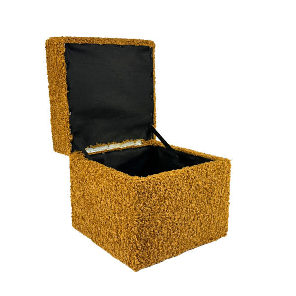Pufa otwierana ROLF 40x40 cm bouclé baranek ze schowkiem musztardowa