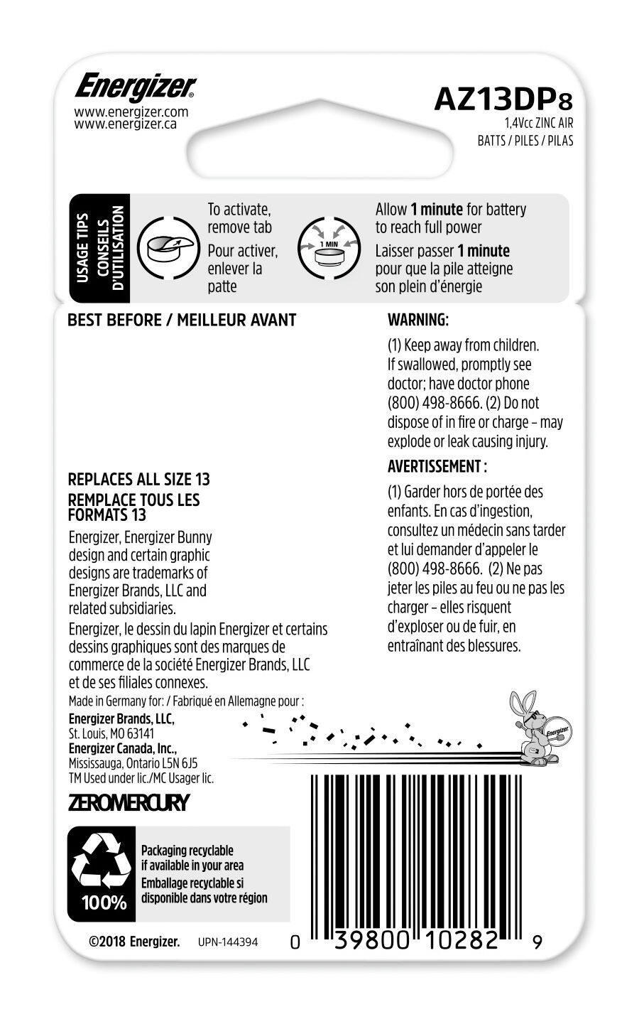 Energizer 8-pk Size AZ13 1.4V / 1.4 Volt Zinc Hearing Aid Batteries, EZ Turn Lock