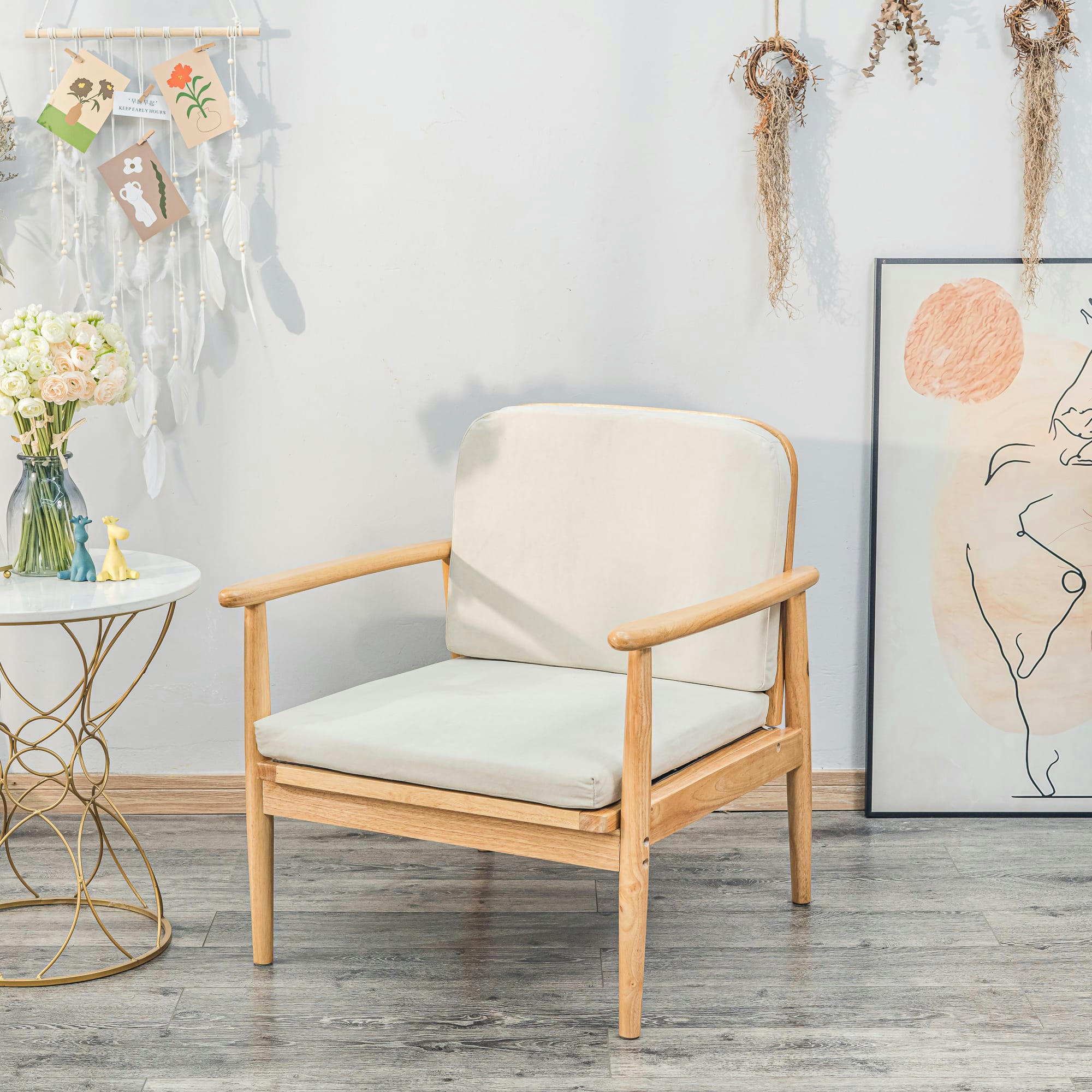 - Fauteuil de salon en bois massif et tissu beige