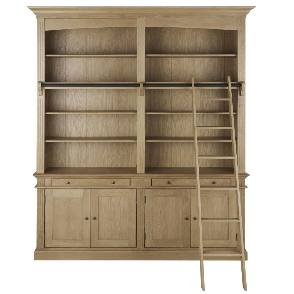 Atelier - Bibliothèque 2 tiroirs 4 portes avec échelle en chêne