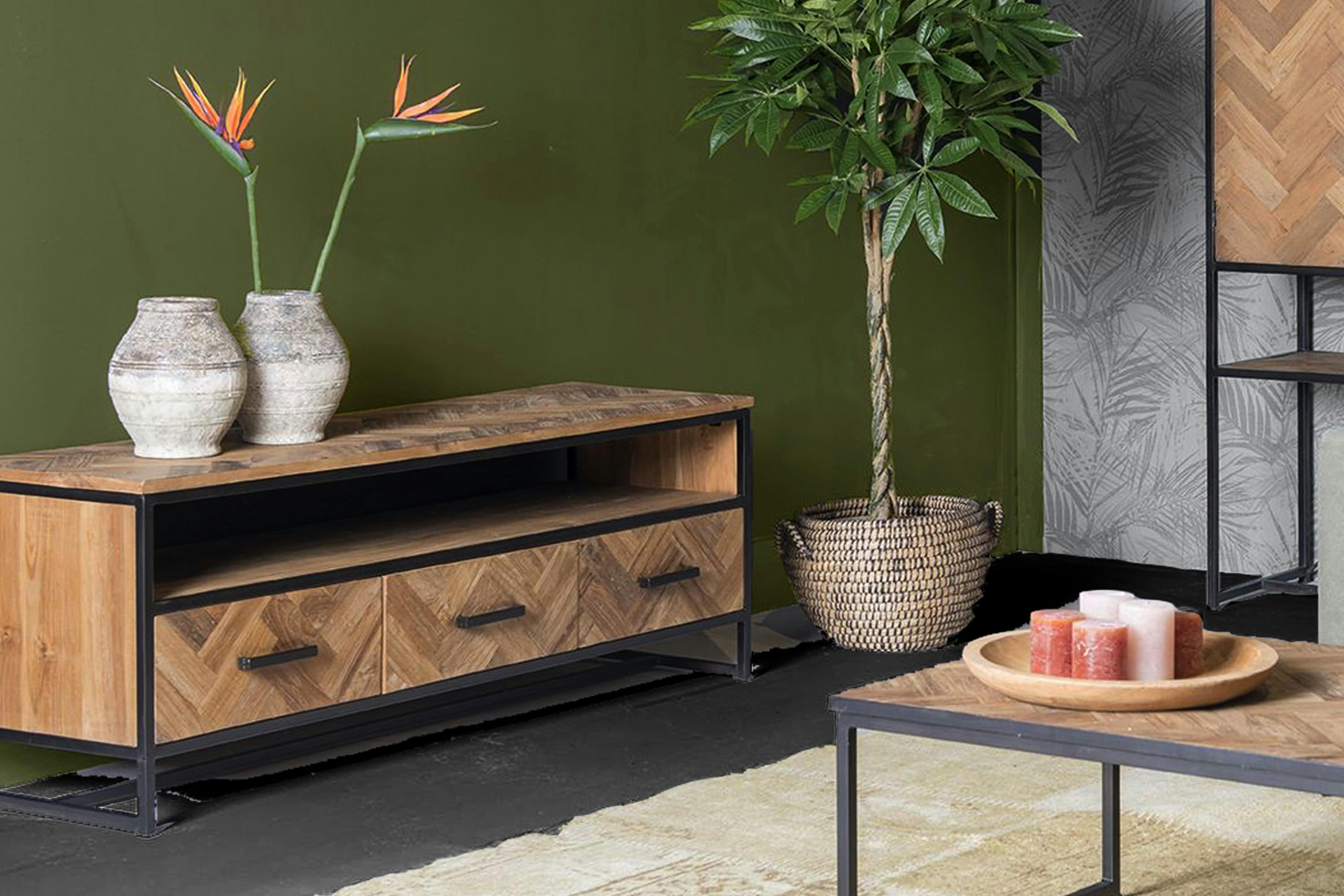 BIARRITZ - BIARRITZ-Meuble TV 3 tiroirs L180cm en Teck massif et métal noir