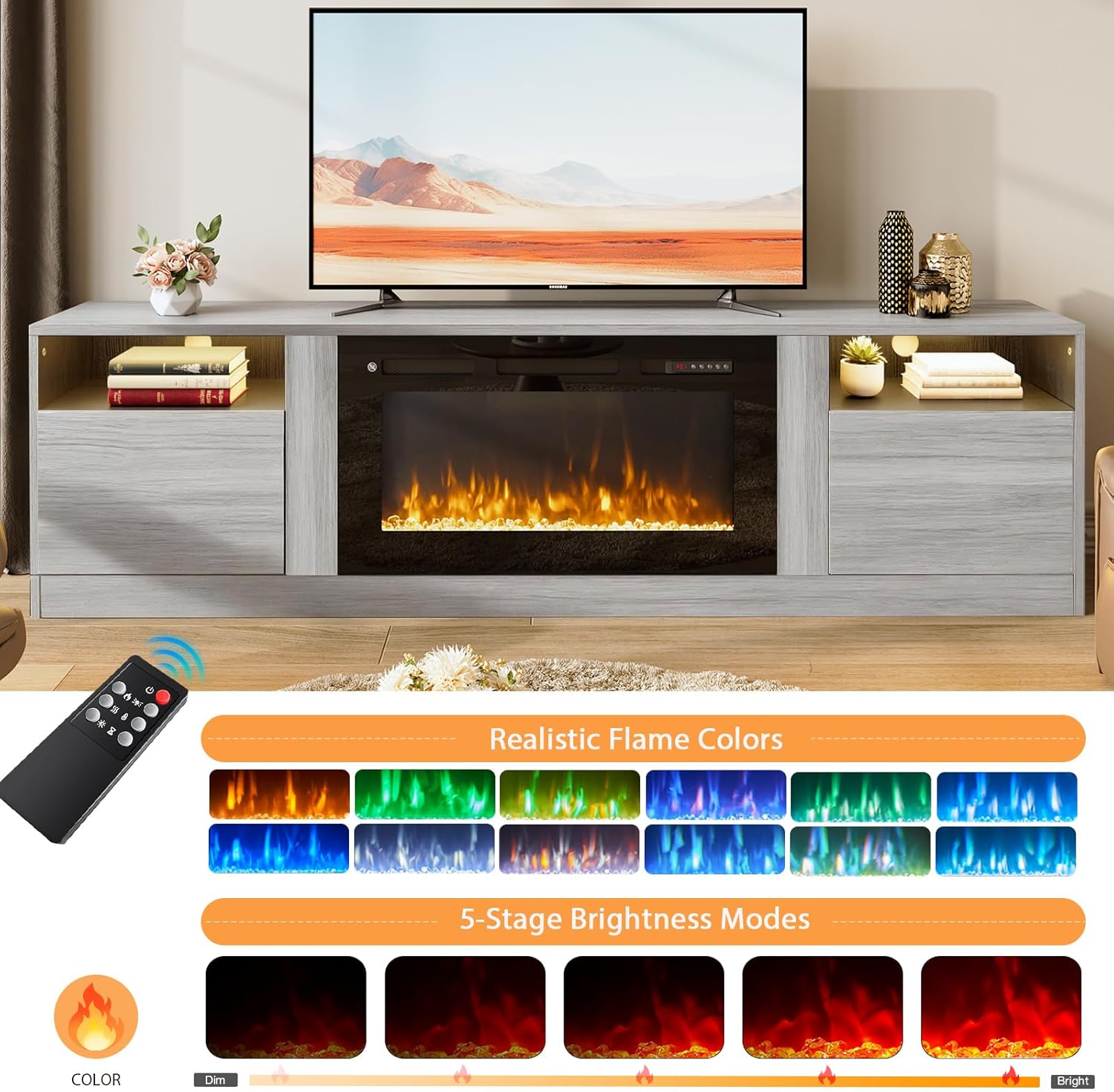 MXV Fireplace TV Stand with 36'' Electric Fireplace Up to 90 TVs, LED Light Entertainment Center, Modern Wood Texture Entertainment Stand with Highlight Storage Cabinet,Grey-Black