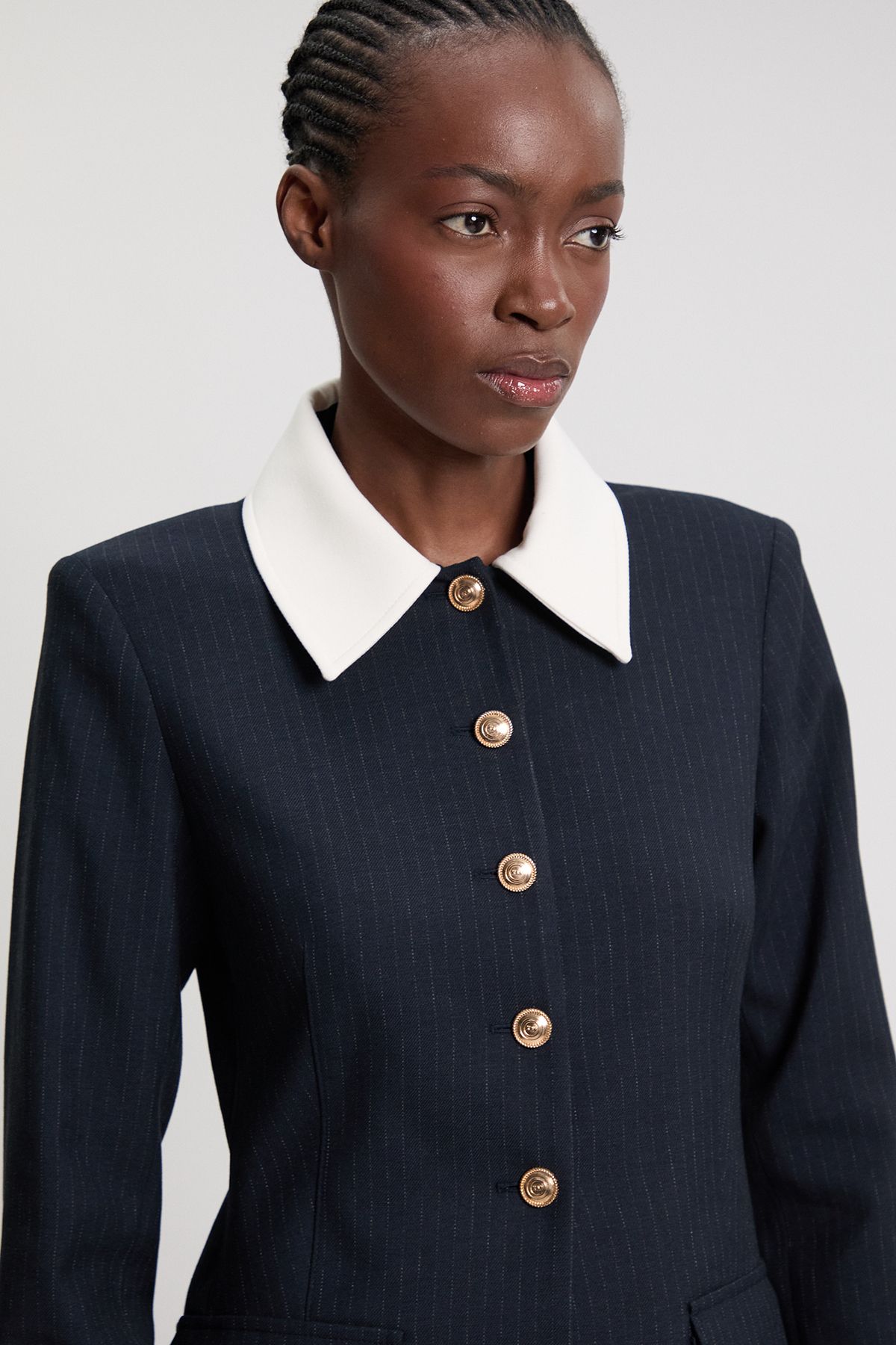 KarenMillen Pinstripe High Neck Tailored Single Breasted Jacket