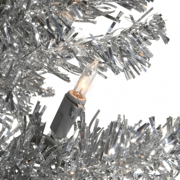 7-foot Slim Silver Tinsel Holiday Tree with Clear Lights