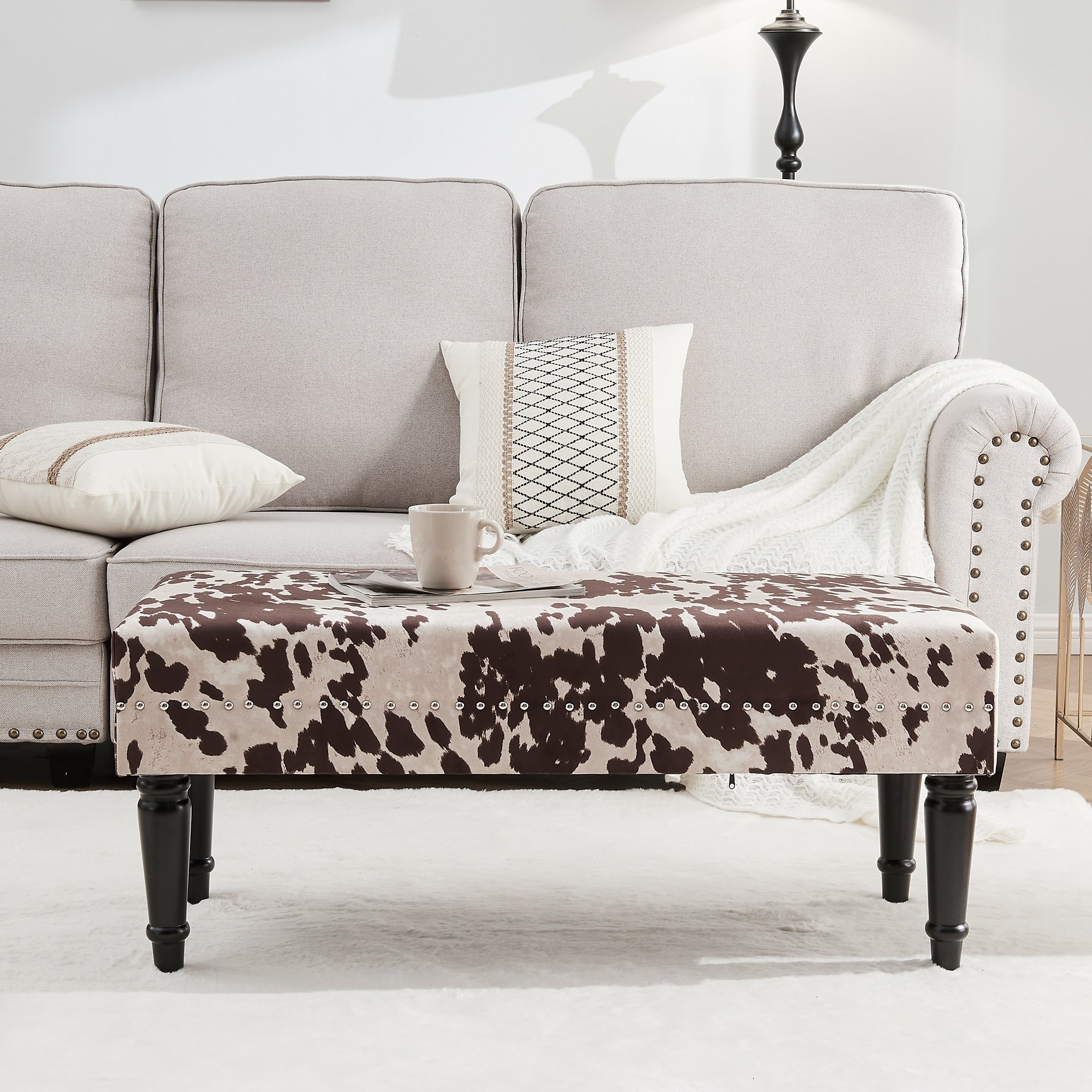 Adeco Cow Print Fabric Rectangular Bench Ottoman
