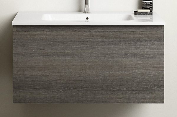 Meuble vasque suspendu effet chêne Metz l.90 cm   plan vasque blanc brillant résine, Pura