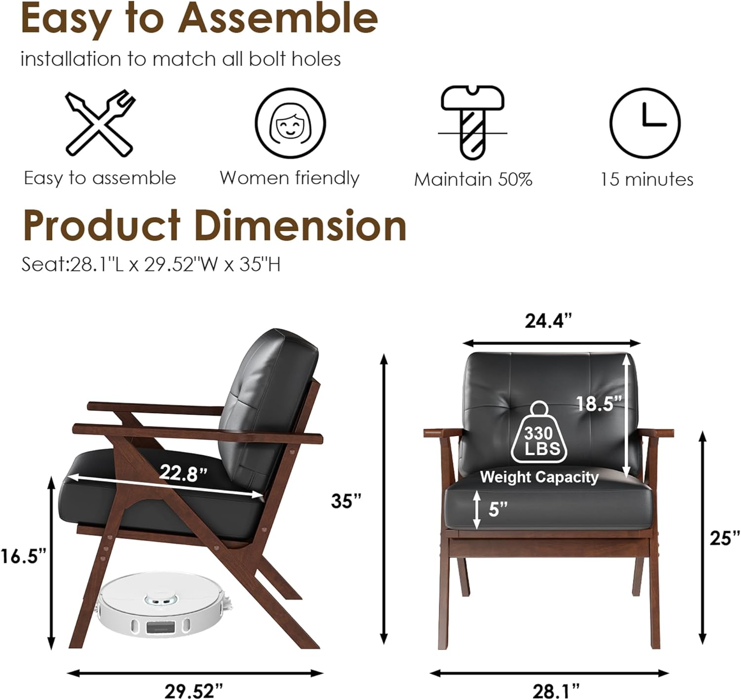 STHOUYN Black Leather Office Accent Chair Set of 2 with Wooden Arms, Comfy Guest Waiting Room Chairs, Mid Century Modern Chair, Side Arm Chairs for Living Room (Black, 2pcs)