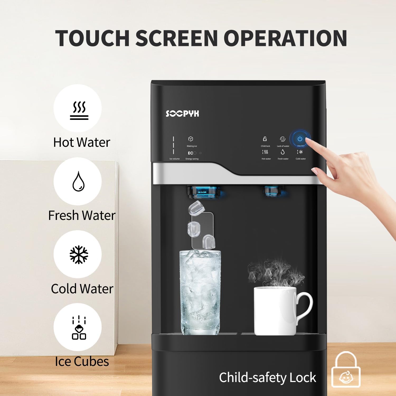 Self Clean Water Cooler Dispenser and Ice Maker Bottom Loading for 5 Gallon 3 Temperature Settings 22lbs Daily Capacity Ice Full Alert Night Light Black