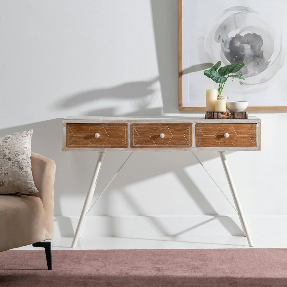 OLMANN - Console  3 tiroirs blanc et naturel aspect vieilli