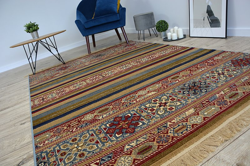 Dywan WINDSOR 22890 ETNIC FRĘDZLE niebieski bordo200x300 cm
