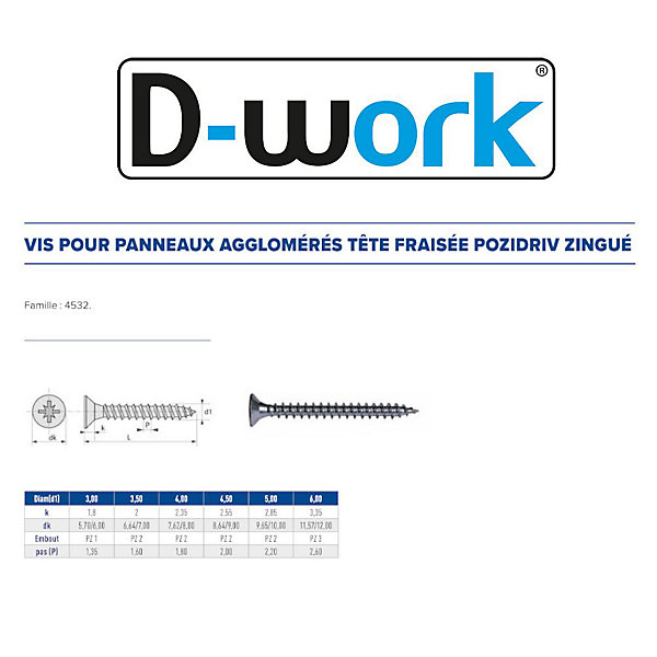 500 Vis Bois Tête Fraisée Pozidriv 3.5 x 50 mm - Zingué blanc - D-Work