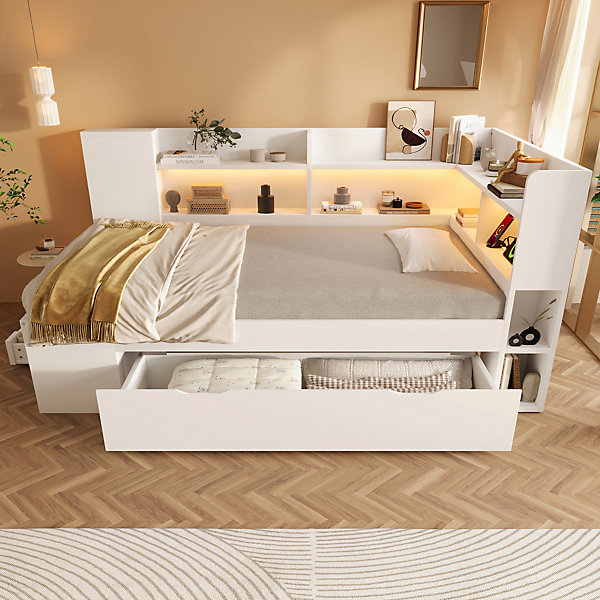 Lit Banquette Simple Ado 90x190 cm - Lit avec Rangement et étagères, éclairage LED et Ports USB, Bois Blanc, Sans Matelas