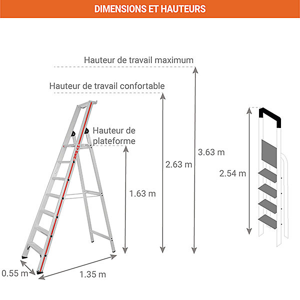 Escabeau 7 marches - Hauteur atteignable 3.63m - 8026/7