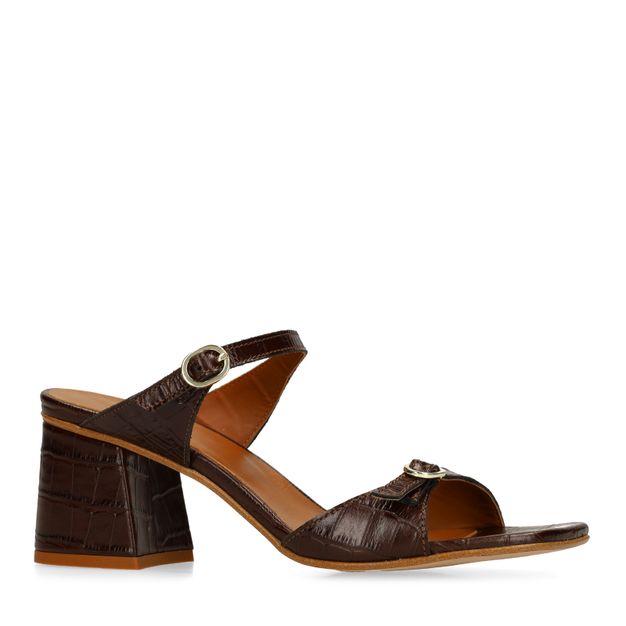 Bruine croco leren sandalen met hak