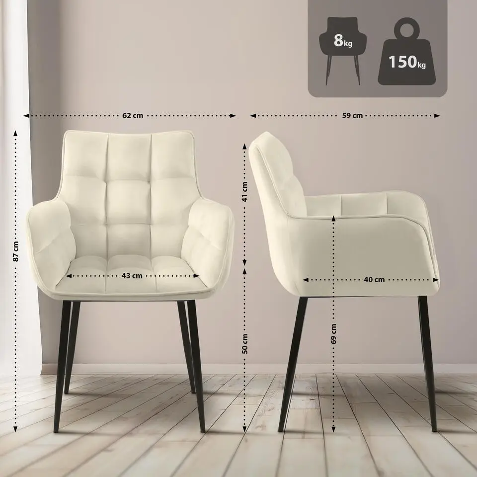 CLP Set van 2 Eetkamerstoel Tirana zwart Frame - Fluweel - creme