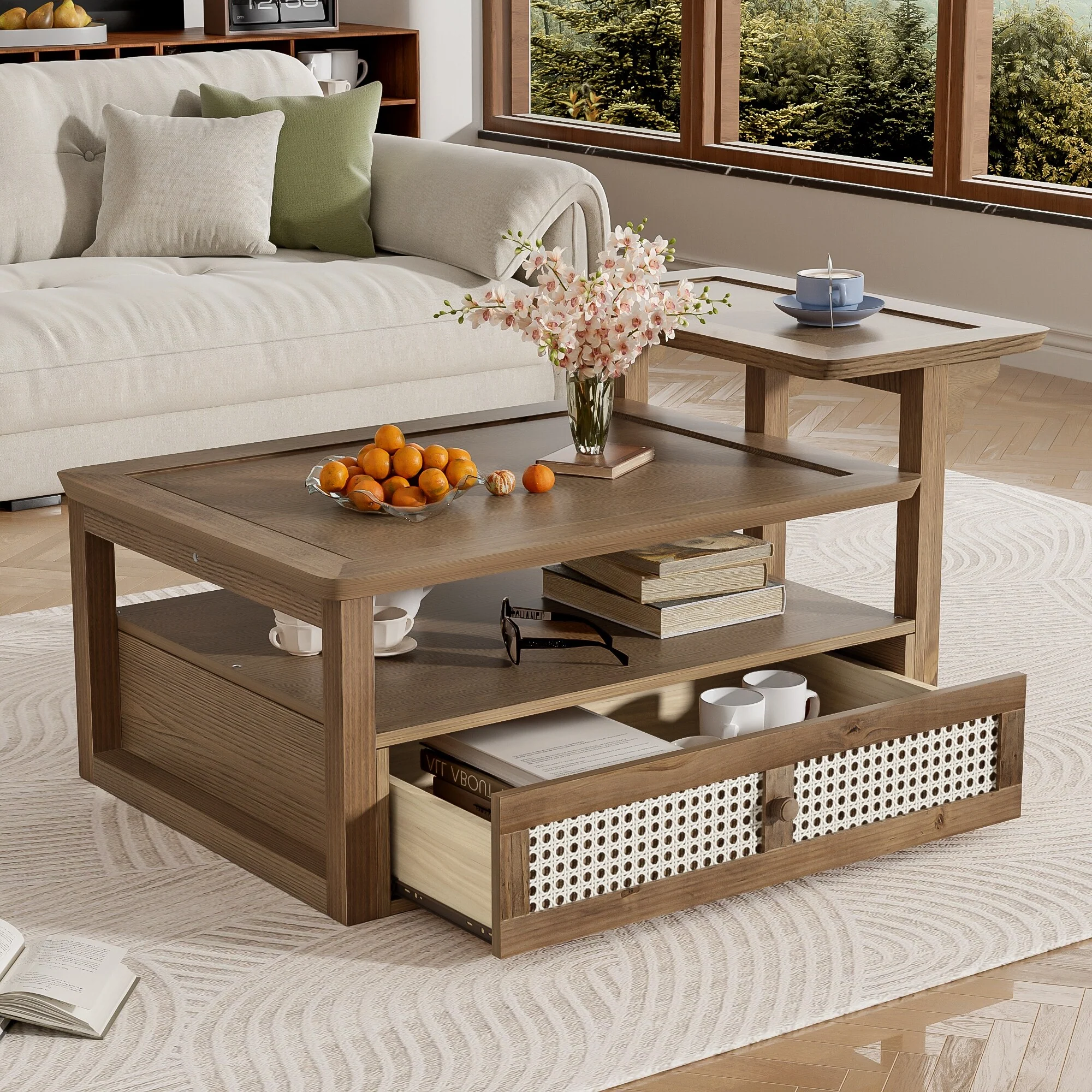 Rustic Nested Dual Coffee Table with Rattan Drawer, Home Wood Tea Table Center Table with Storage Shelf for Living Room