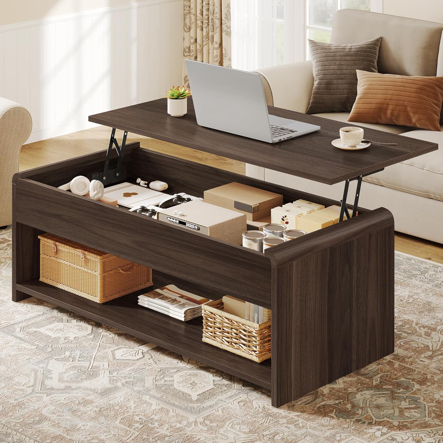 Coffee Table Lift Top, 35 Inch Modern Coffee Table with Hidden Compartment & Open Shelf, Curved Profile Design, Converts to Home Office Table, Center Table for Living Room, Walnut