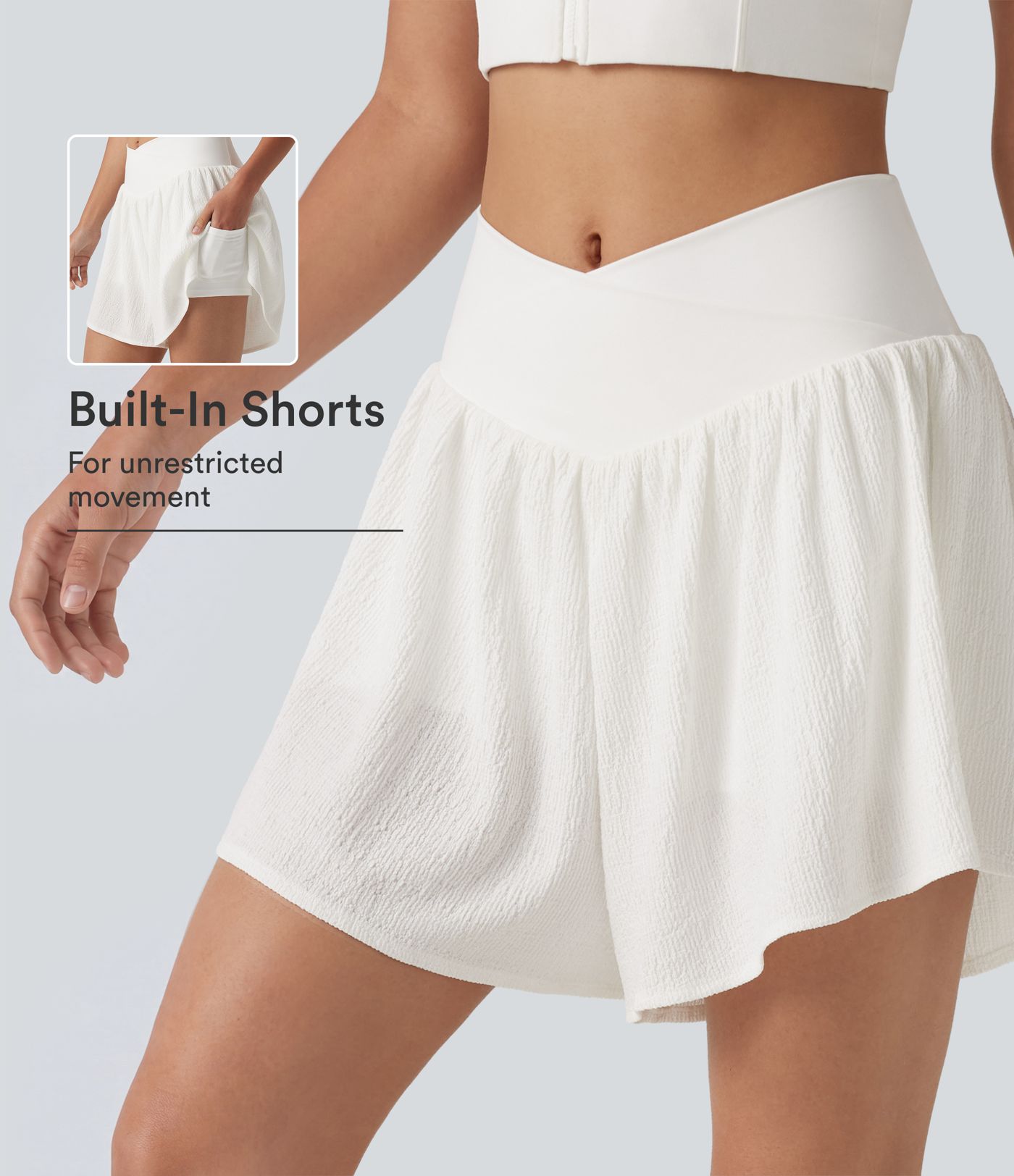 Short de running 2-en-1 taille haute croisée en tissu froissé avec ourlet fendu et poches