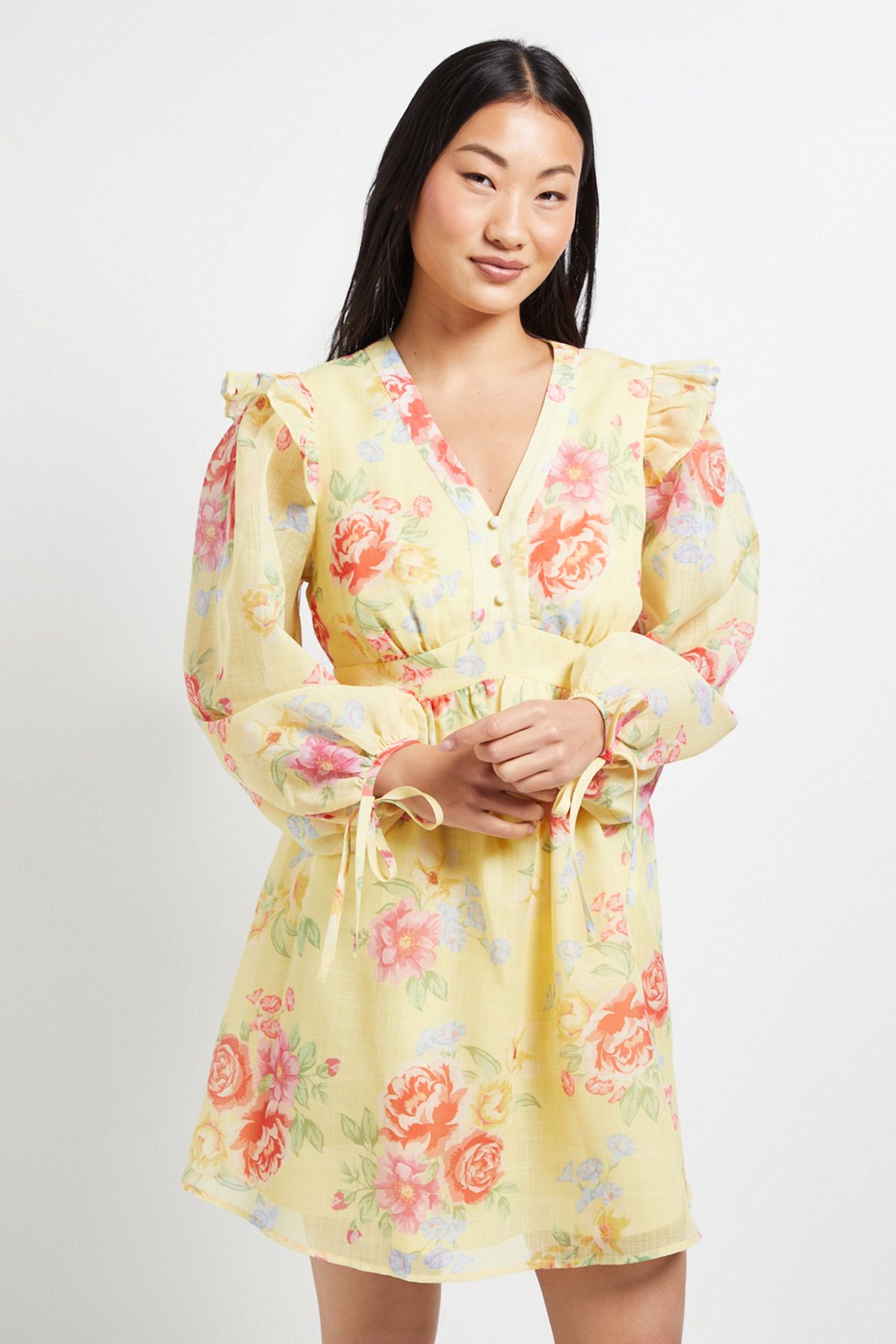 Dorothy Perkins Petite Printed Frill Detail Blouson Sleeve Mini Dress