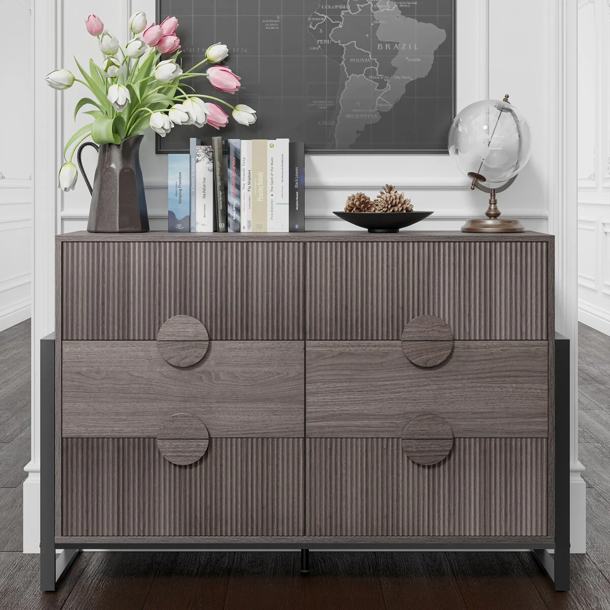 COZAYH Farmhouse Fluted 6-Drawer Dresser, Modern Wooden Chest of Drawers with Round Handles, Accent Storage Dresser, Grey Wash