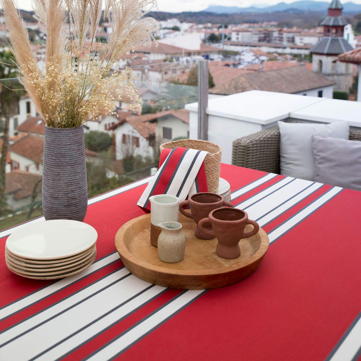 ESPELETTE - Nappe coton Rouge à rayures 170x300 cm