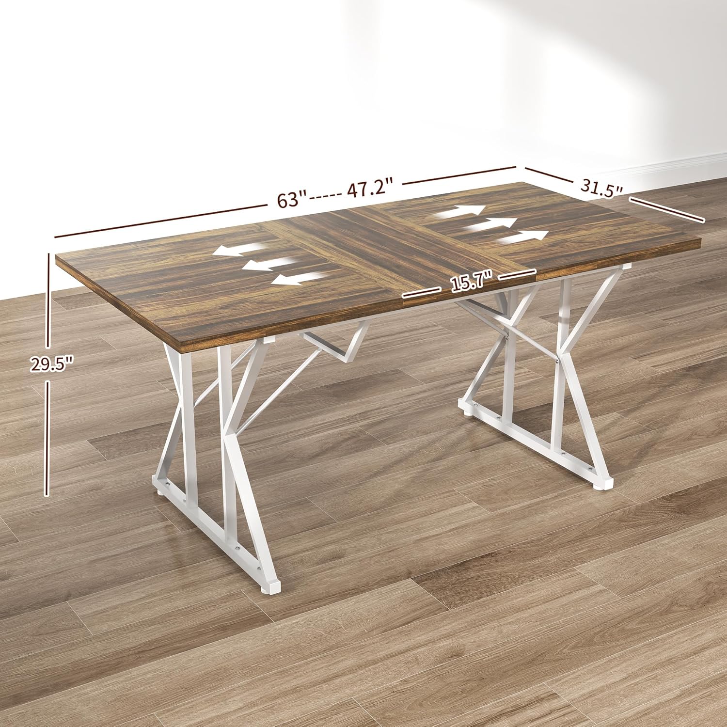 HOMCOM 47-63 Expandable Dining Table for 4-6 People, Farmhouse Dinner Table with Heavy Duty Metal Trestle Base, Rectangle Kitchen Desk, Distressed Brown