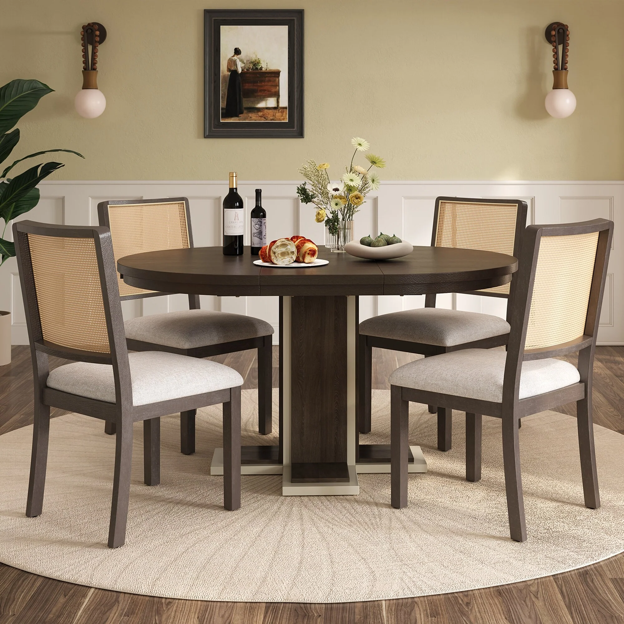 5-Piece Round Wood Extendable Dining Table Set with Removable Middle Leaf, Chairs with Rattan Backs Kitchen Table Set