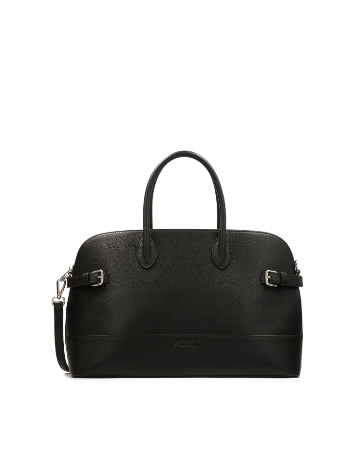 Black leather handbag with straps on the sides