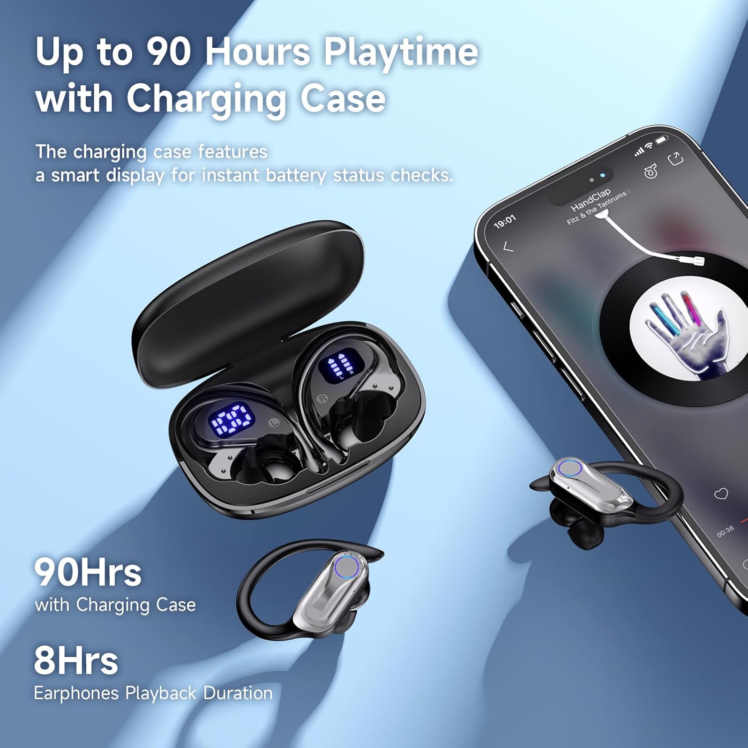 Wireless Earbuds, Sports Bluetooth 6.1 Earhooks Headphones, 90H Playtime LED Charging Case, ENC Noise Cancelling, 16.2mm Driver HiFi Stereo, IPX7 Waterproof Earphones for Running Workout Gym Black
