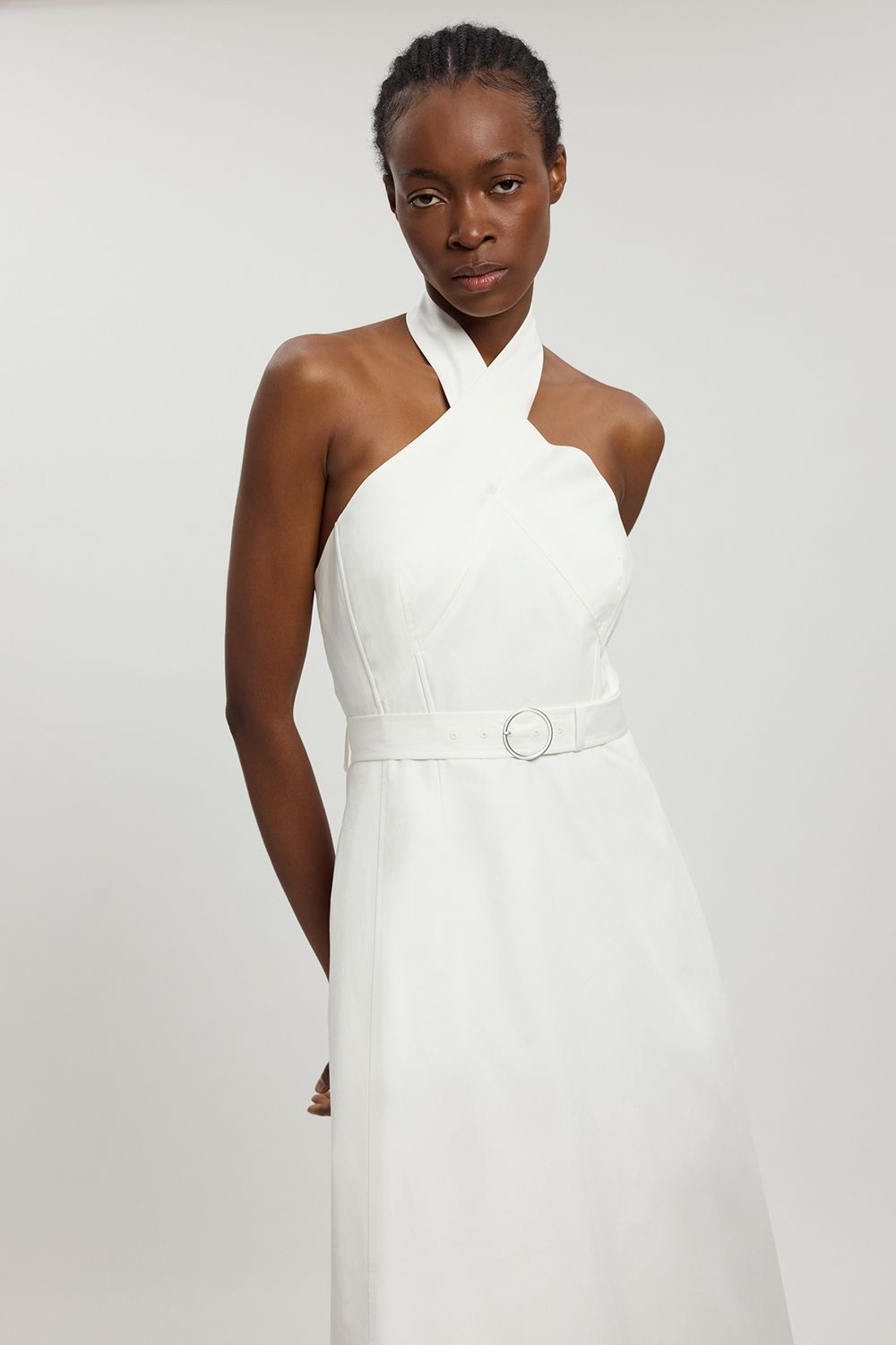 KarenMillen Petite Tailored Cotton Sateen Pencil Belted Midi Dress