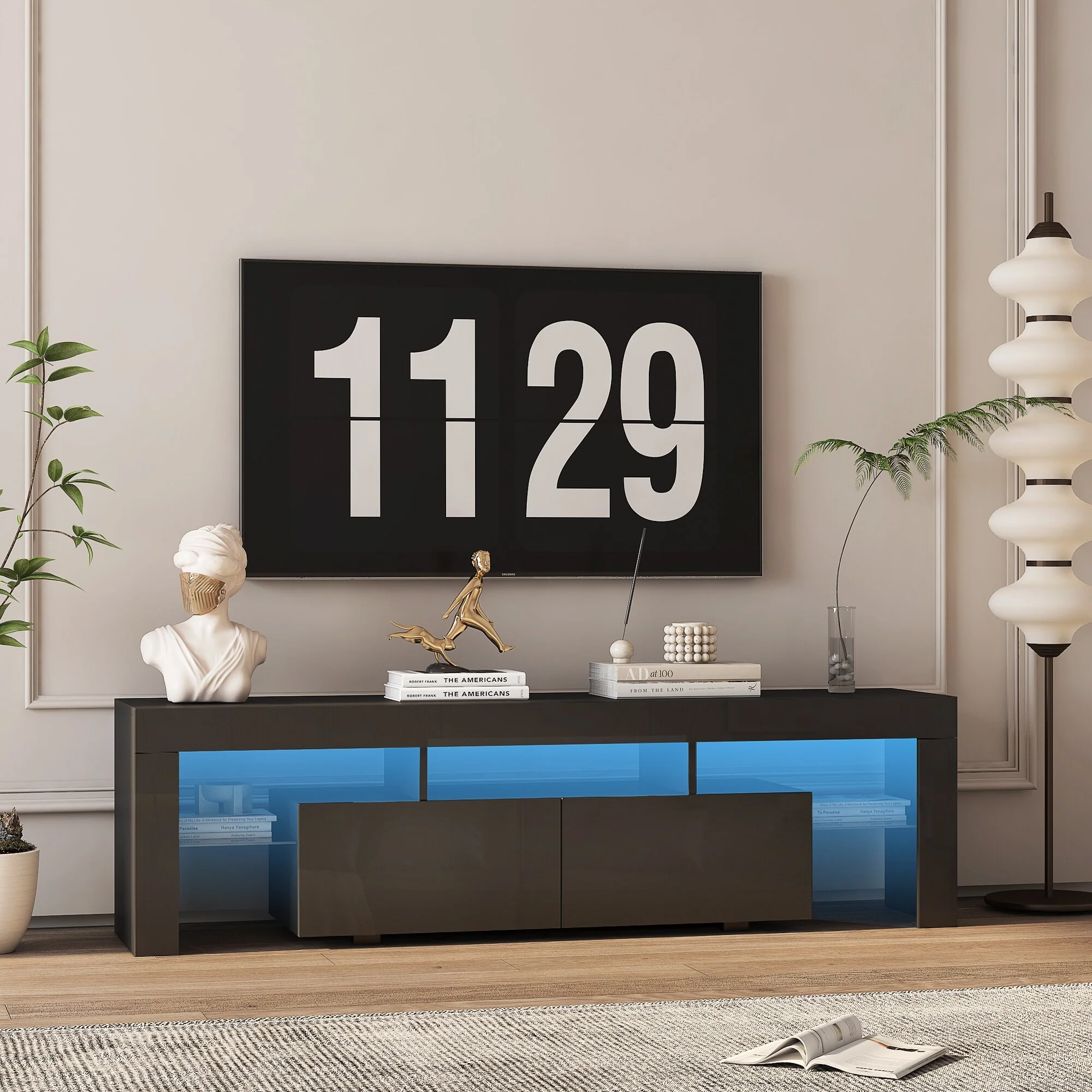 Black 63 TV Stand with LED Lights & Storage for TVs Up to 65