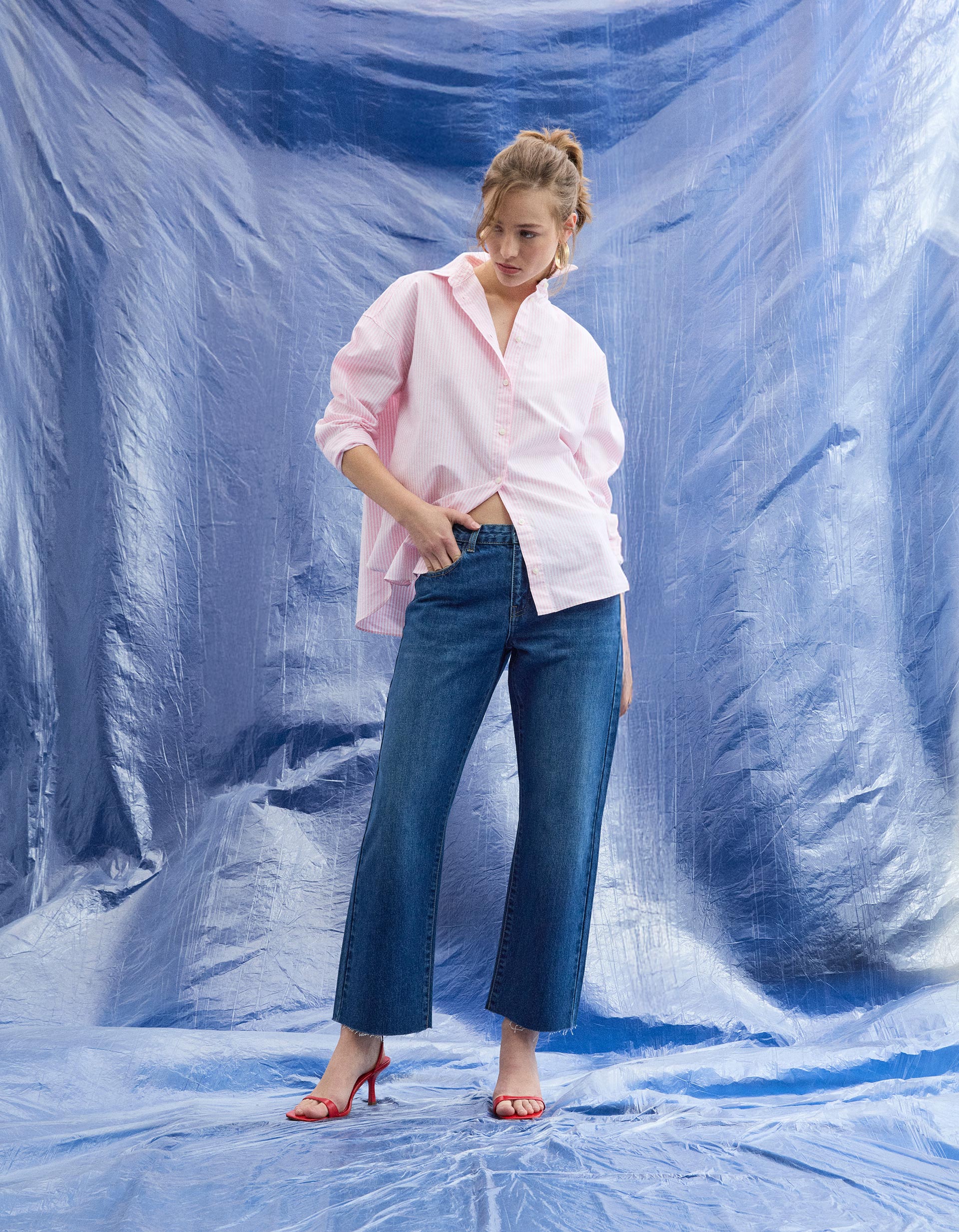 Calças de Ganga Cropped 'Straight Fit', Mulher, Azul Escuro