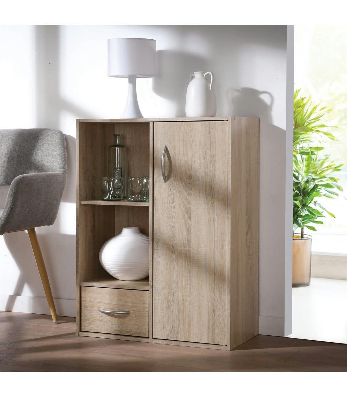 - Étagère de rangement 2 cases 1 tiroir 1 porte effet bois - L62 x H80cm