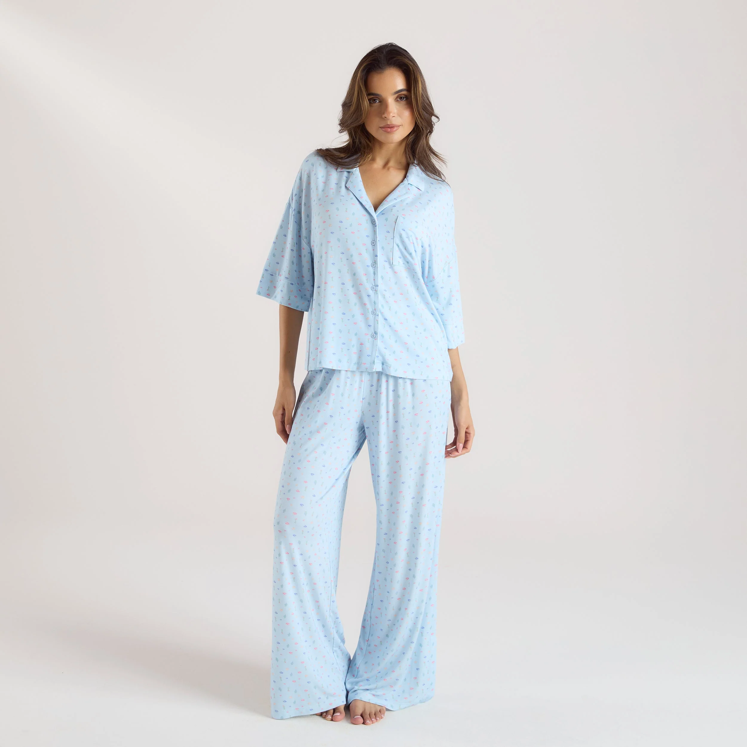 Modal Short Sleeve Pyjama Shirt - Blue Floral