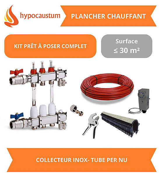 Kit plancher chauffant hydraulique 30 m² - Tube PER - Collecteur Inox