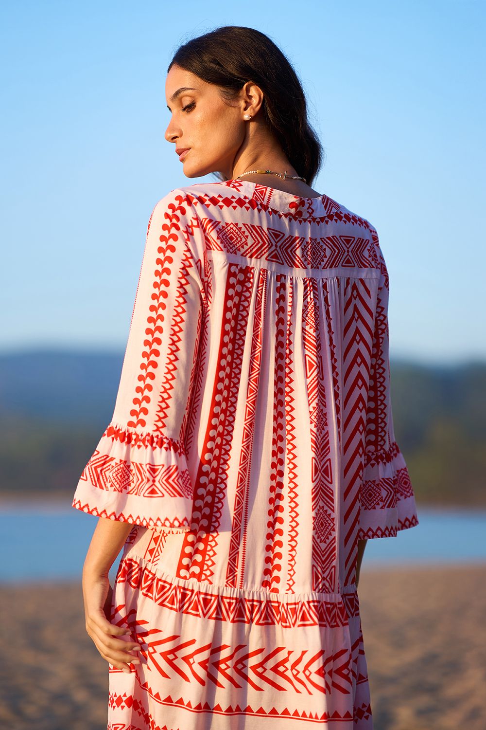 Yumi Coral Geo Stripe Print Beach Tunic