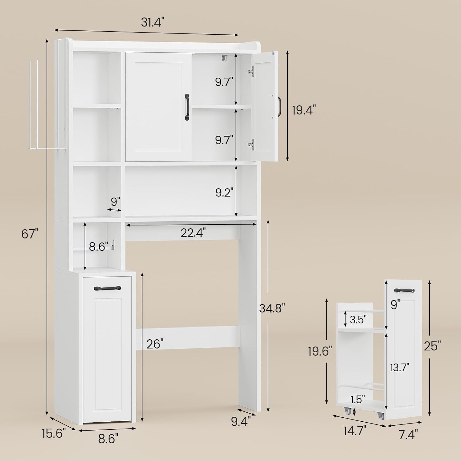 UPOSOJA Over The Toilet Storage Cabinet with Pulley Small Bathroom Storage, Space Saver W/Adjustable Shelf & Rack for Bathroom, Restroom, Laundry (White-Type B)
