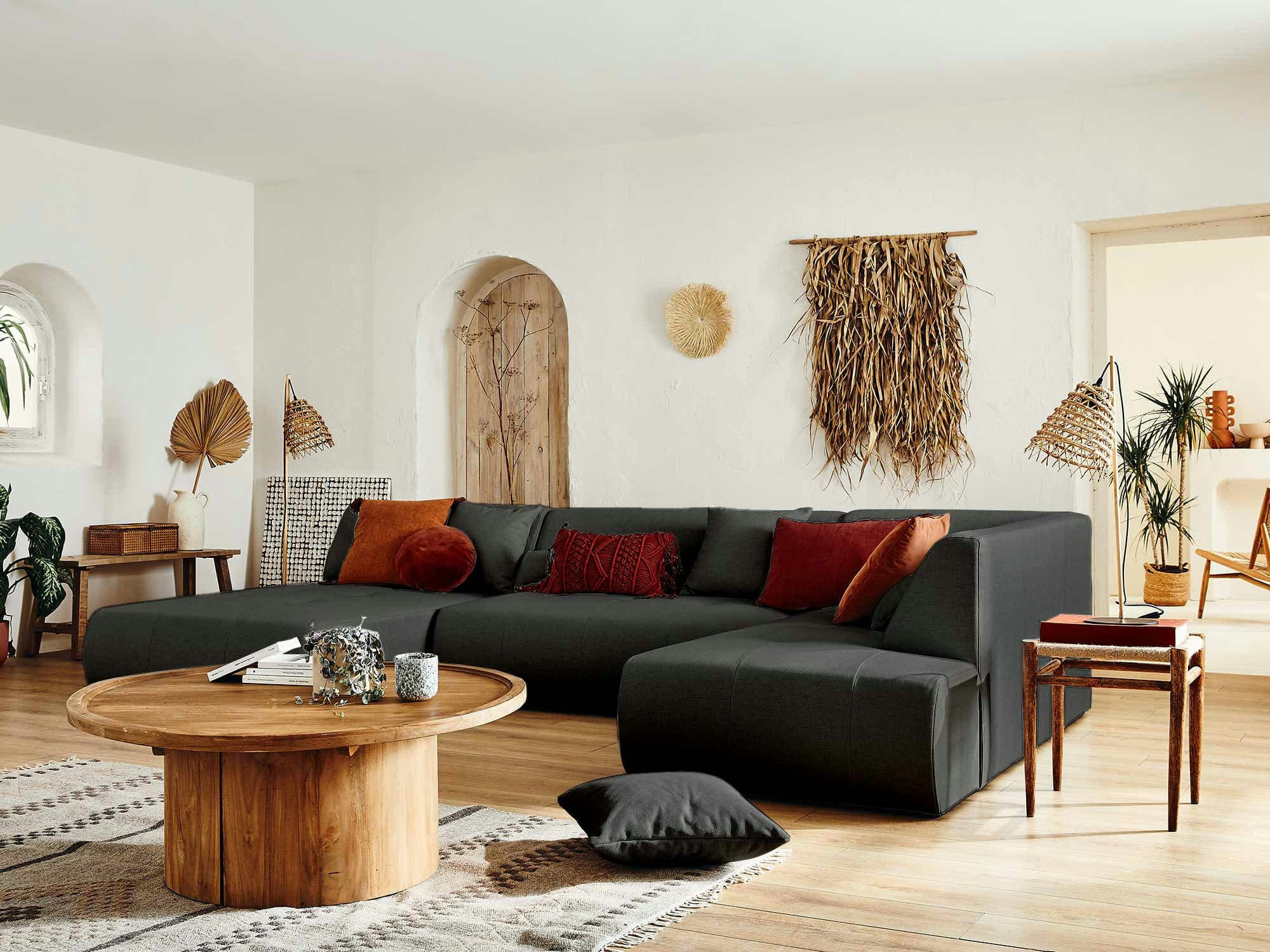 ONYX - Canapé modulable 7 places angle droit en tissu gris foncé